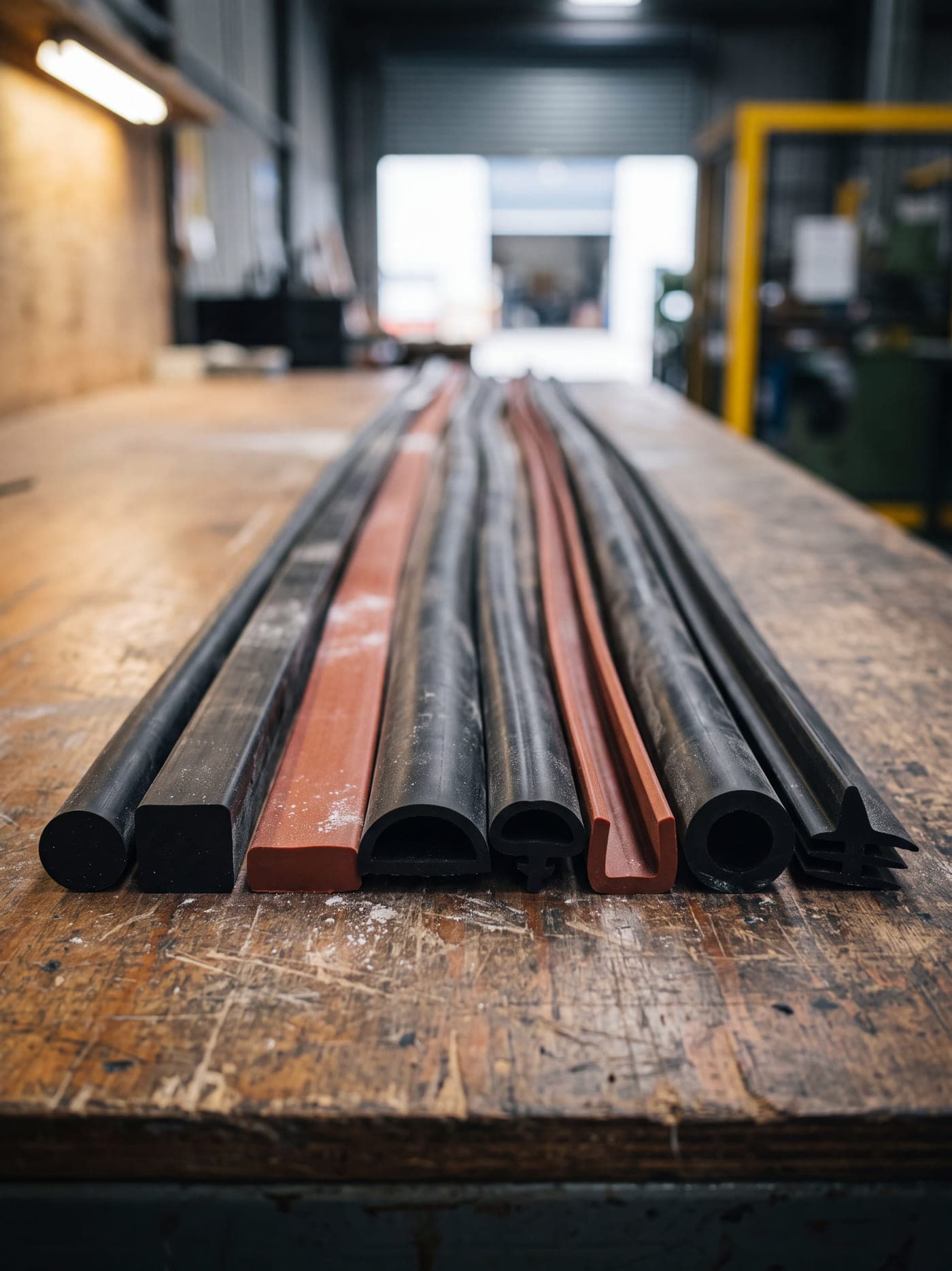 A range of extruded rubber profiles laid on a workbench with their cut ends to camera: round cord, square, flat bar, D section, bulb seal, U channel, hollow tube and finned profile